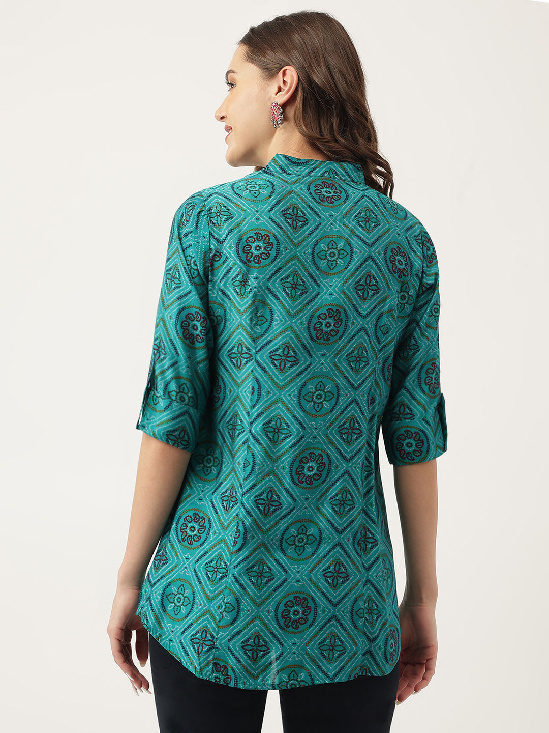 Women's Turquoise Blue Printed Muslin Fold Sleeve top - Taantav