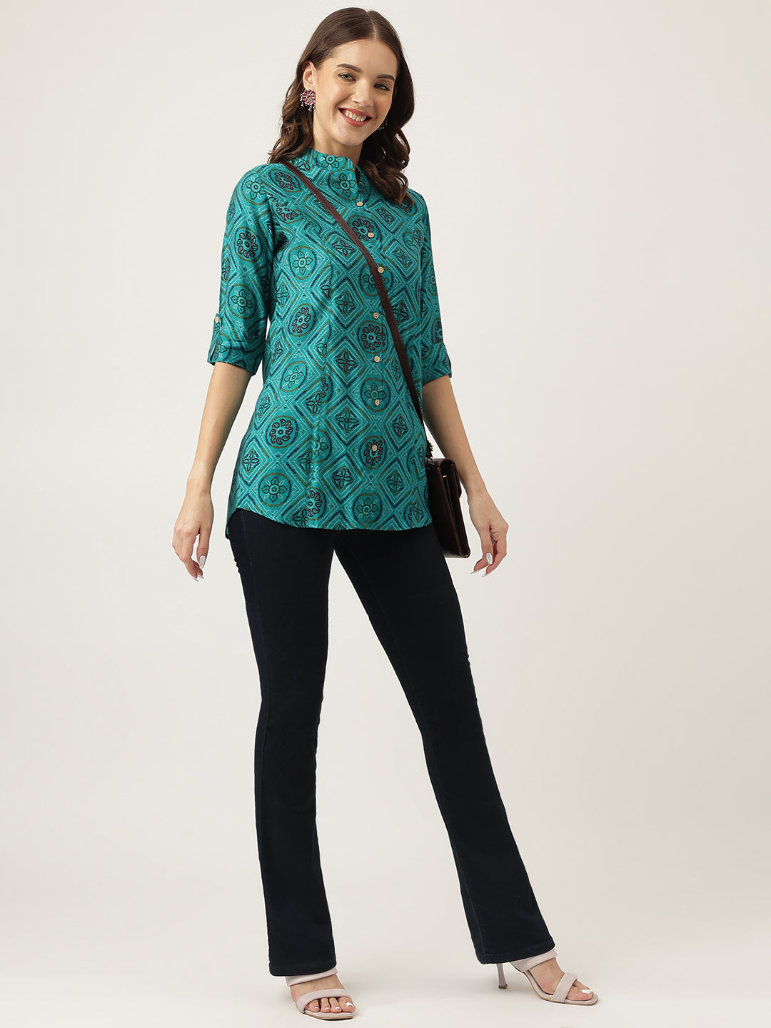 Women's Turquoise Blue Printed Muslin Fold Sleeve top - Taantav