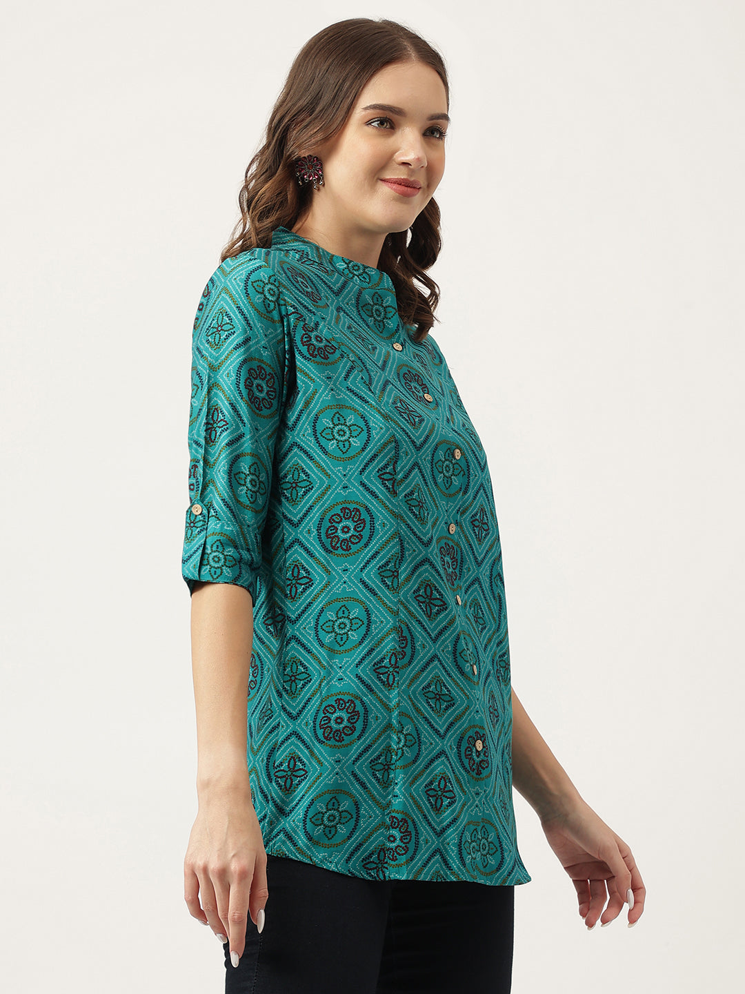 Women's Turquoise Blue Printed Muslin Fold Sleeve top - Taantav