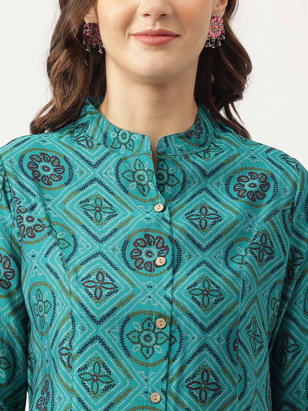 Women's Turquoise Blue Printed Muslin Fold Sleeve top