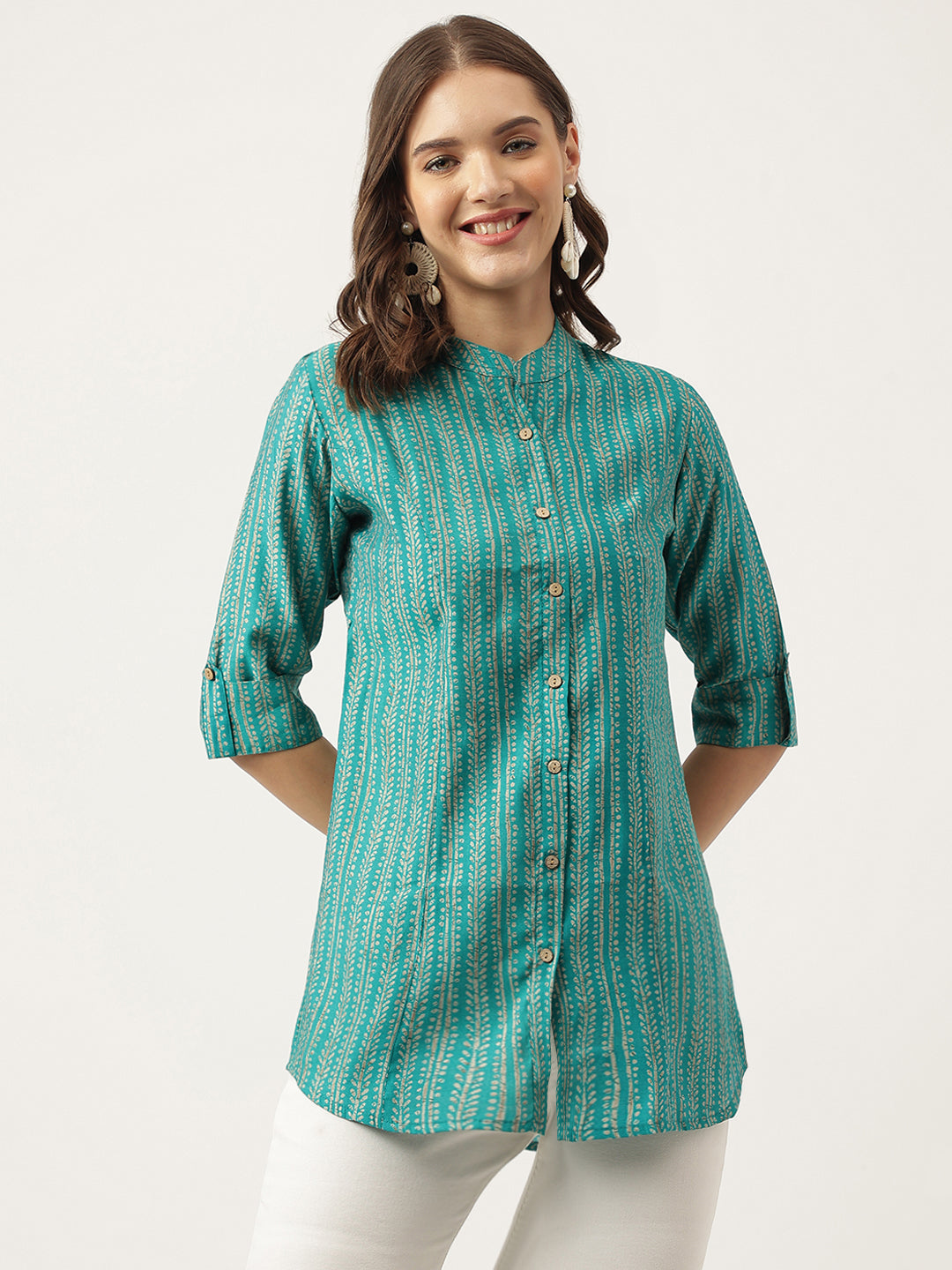 Women's Teal Blue Printed Muslin Fold Sleeve top - Taantav