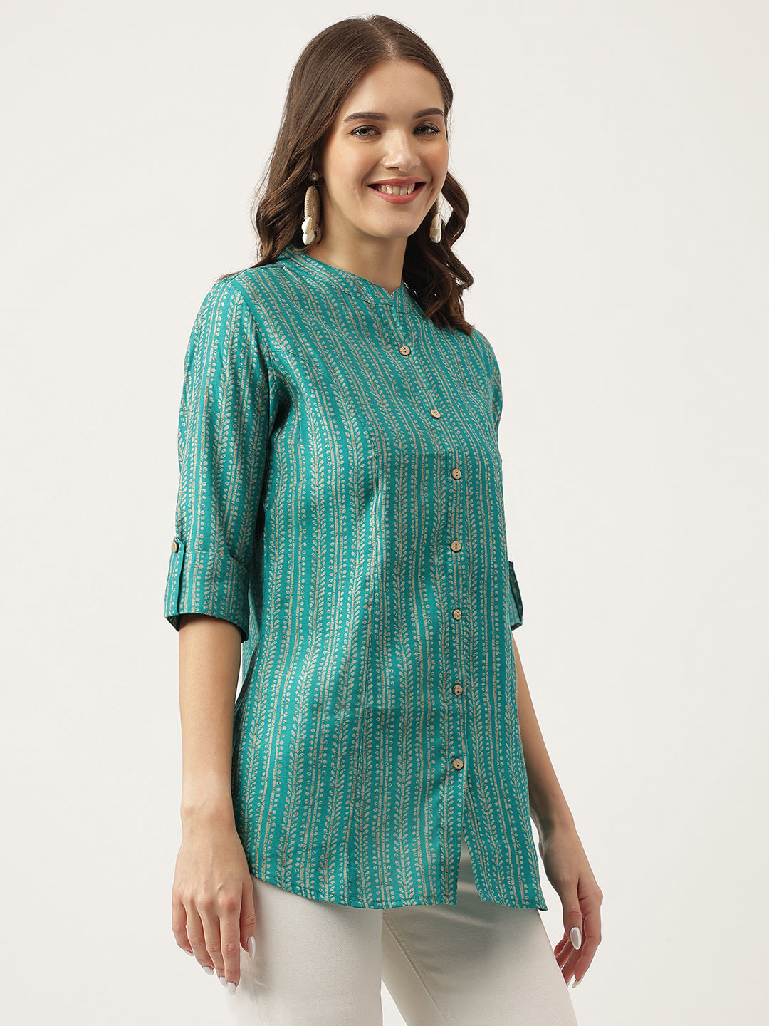 Women's Teal Blue Printed Muslin Fold Sleeve top - Taantav