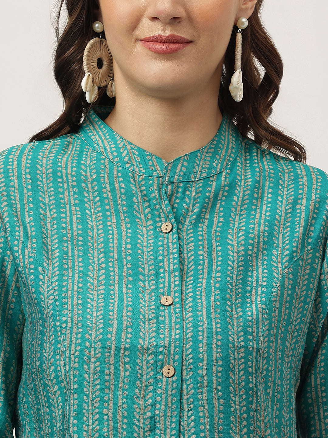 Women's Teal Blue Printed Muslin Fold Sleeve top - Taantav