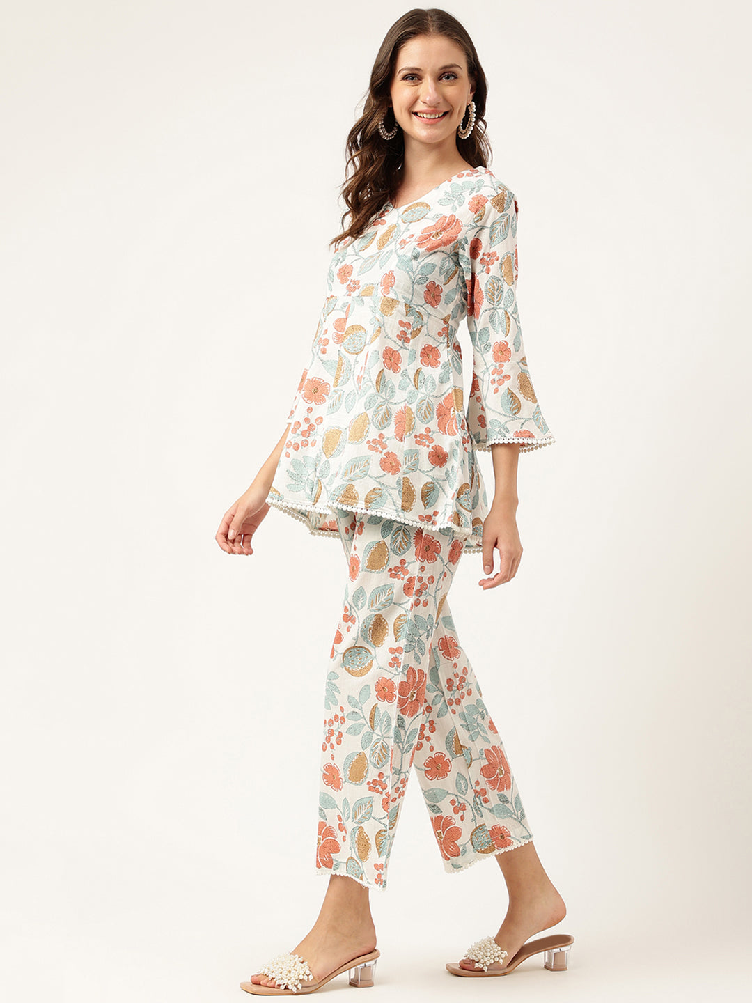 Women's Floral Printed Pure Cotton Tunic With Trousers - Taantav