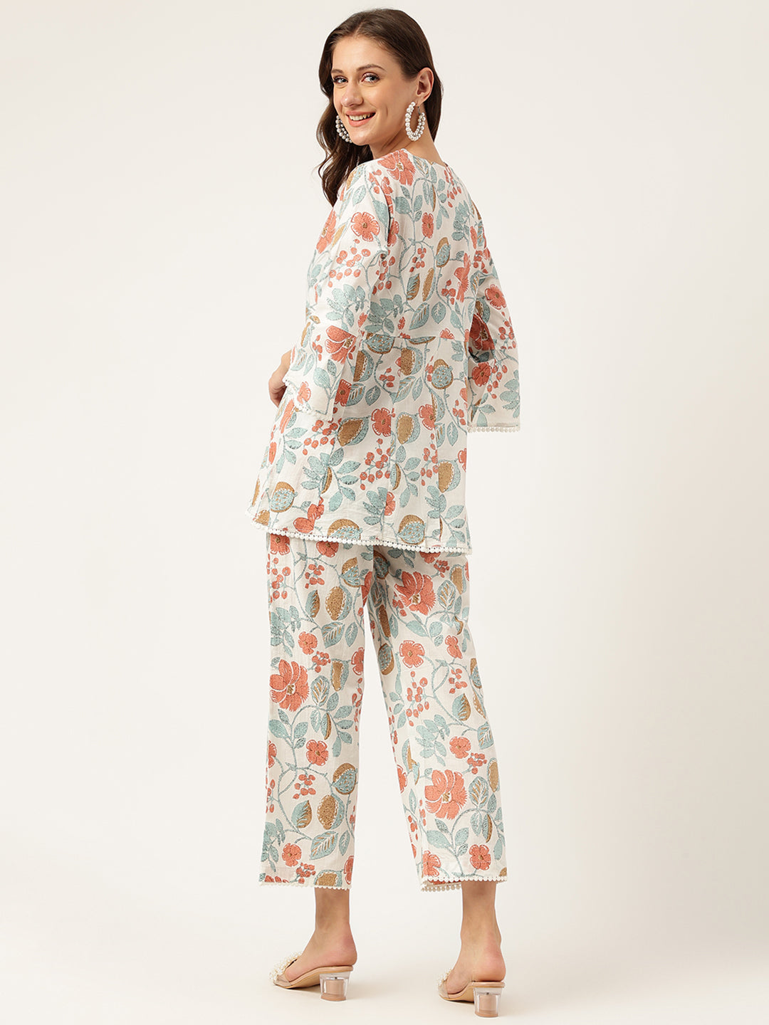 Women's Floral Printed Pure Cotton Tunic With Trousers - Taantav