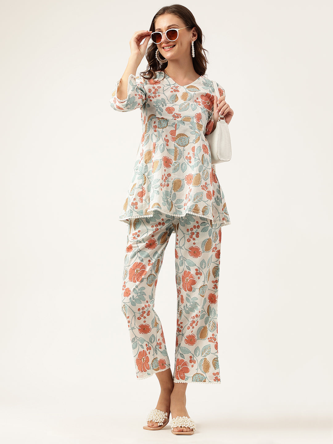 Women's Floral Printed Pure Cotton Tunic With Trousers - Taantav