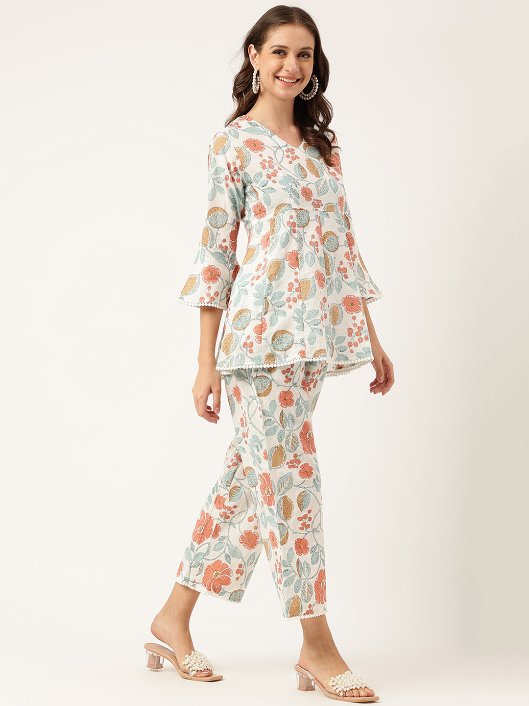 Women's Floral Printed Pure Cotton Tunic With Trousers - Taantav