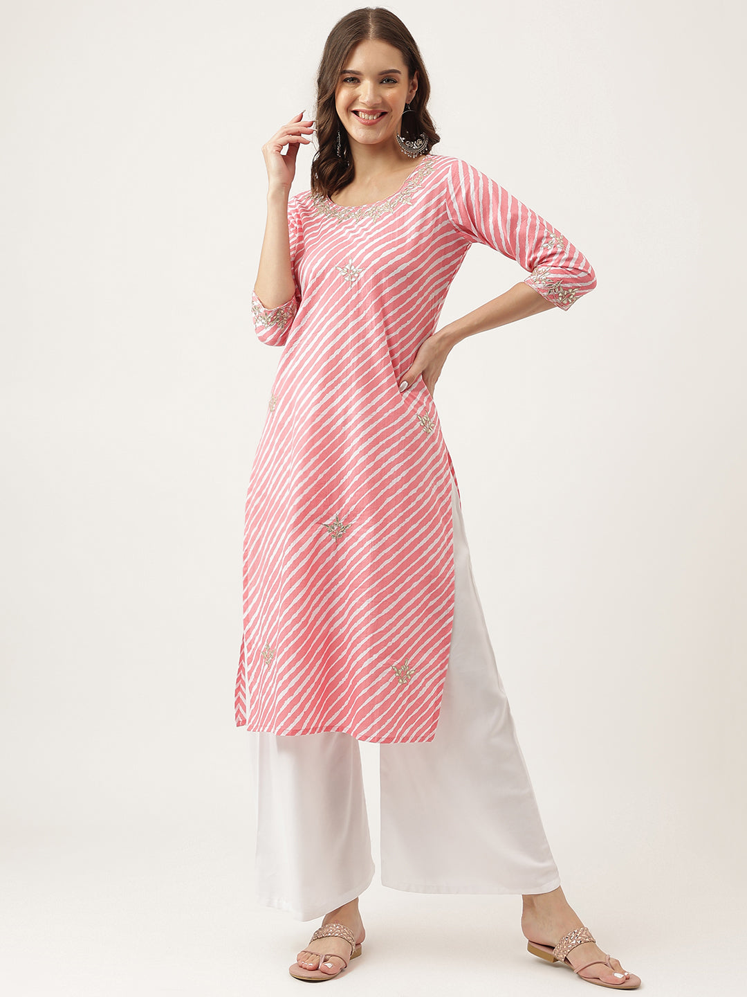 Women's Stripe Print with Gota work cotton Straight Kurta - Taantav