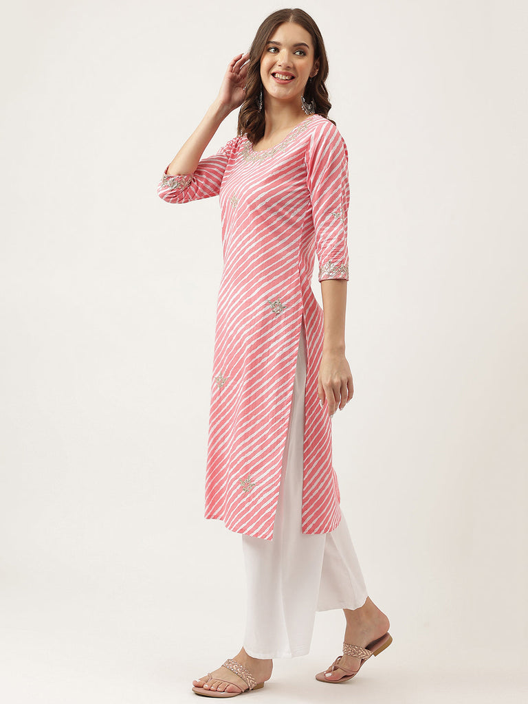 Women's Stripe Print with Gota work cotton Straight Kurta
