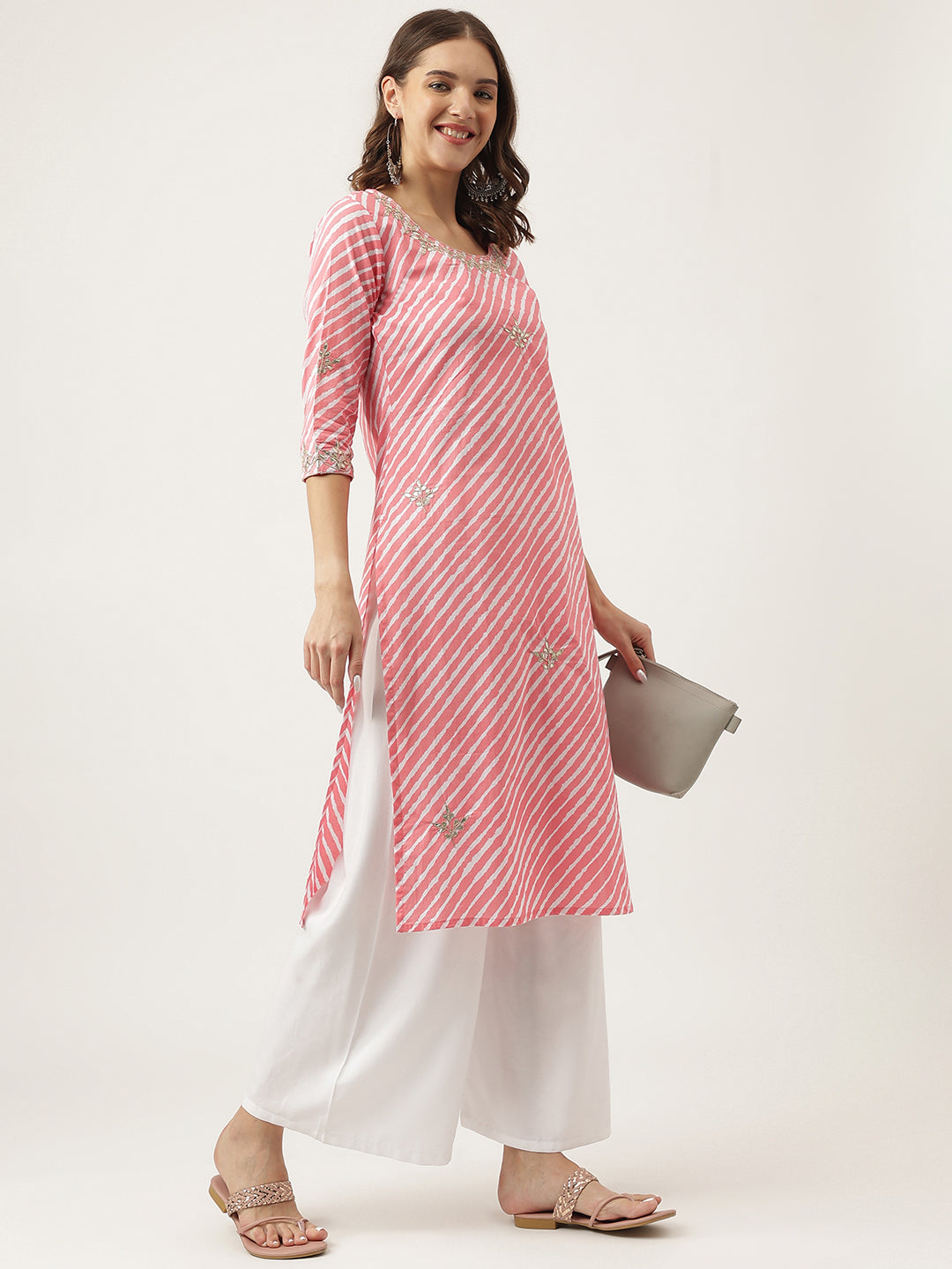 Women's Stripe Print with Gota work cotton Straight Kurta - Taantav