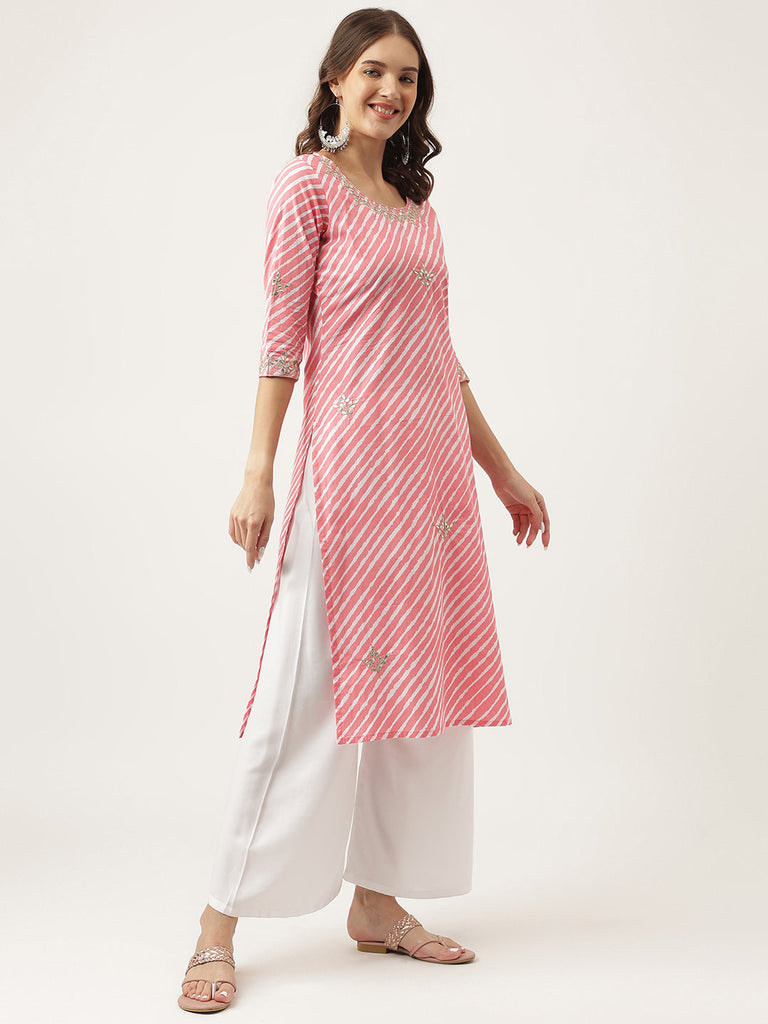 Women's Stripe Print with Gota work cotton Straight Kurta