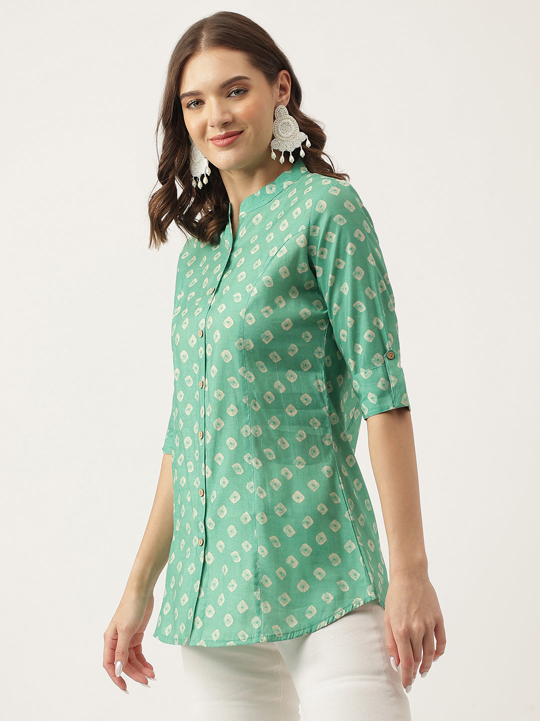 Women's See green Bandhani Printed Muslin Fold Sleeve top - Taantav