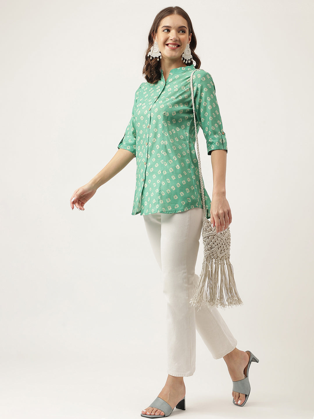 Women's See green Bandhani Printed Muslin Fold Sleeve top - Taantav