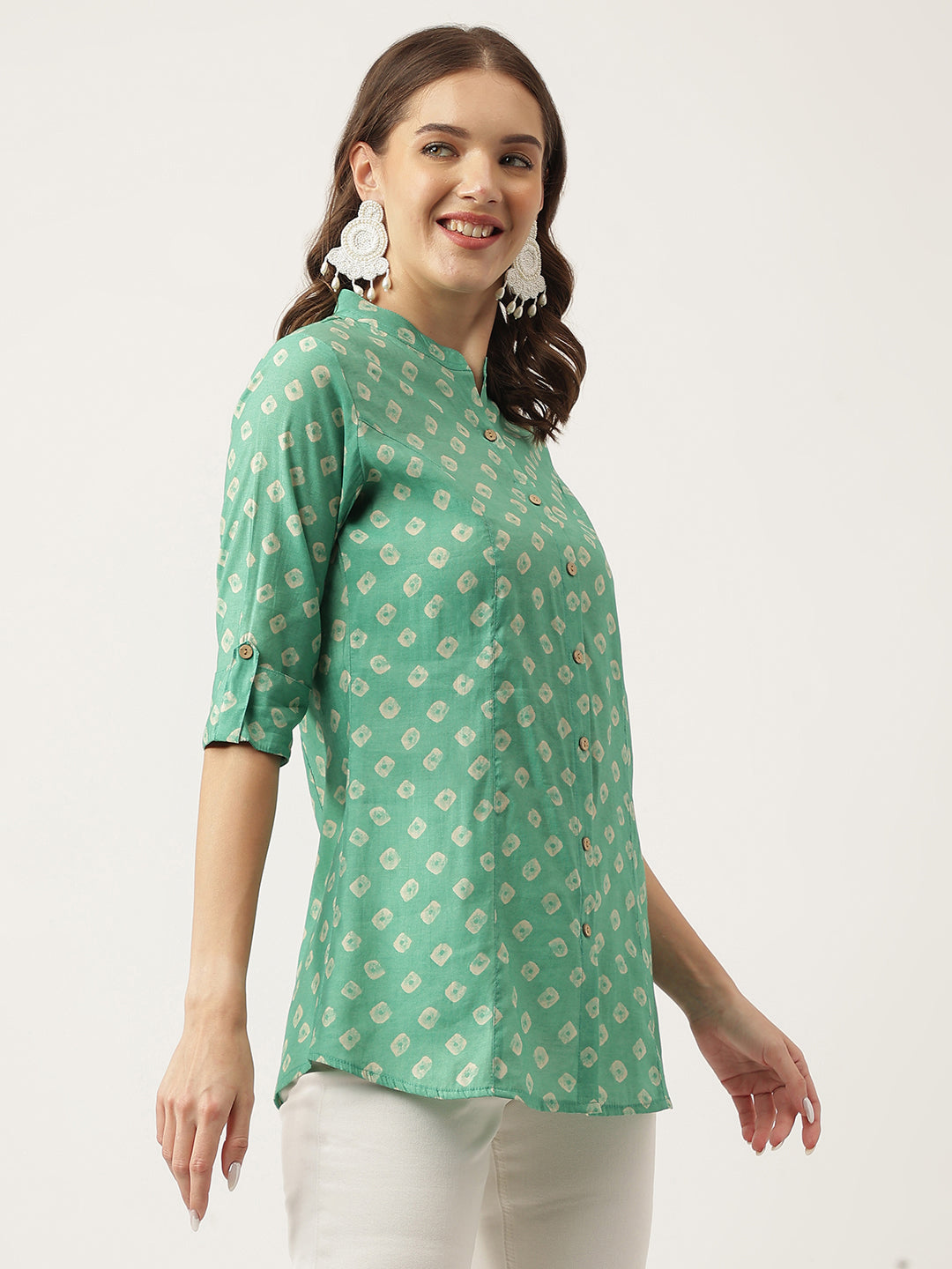 Women's See green Bandhani Printed Muslin Fold Sleeve top - Taantav