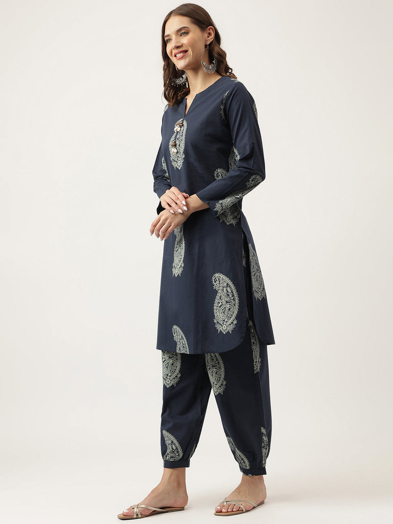 Women's Black Cotton Paisley Print Kurta Hem Cuffed Pant set