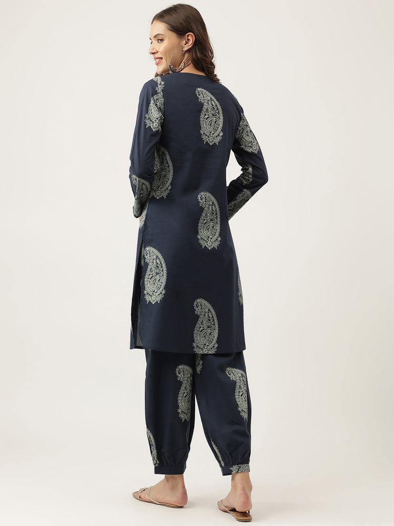 Women's Black Cotton Paisley Print Kurta Hem Cuffed Pant set