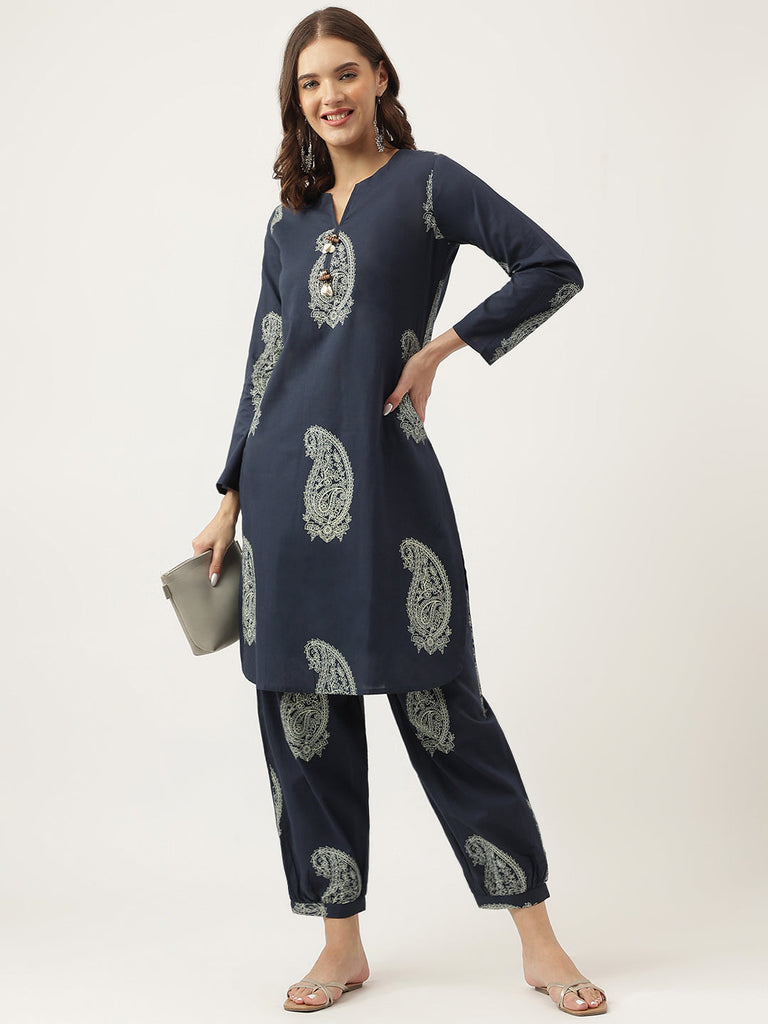 Women's Black Cotton Paisley Print Kurta Hem Cuffed Pant set