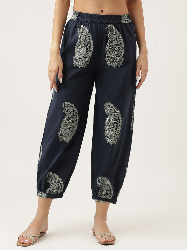 Women's Black Cotton Paisley Print Kurta Hem Cuffed Pant set