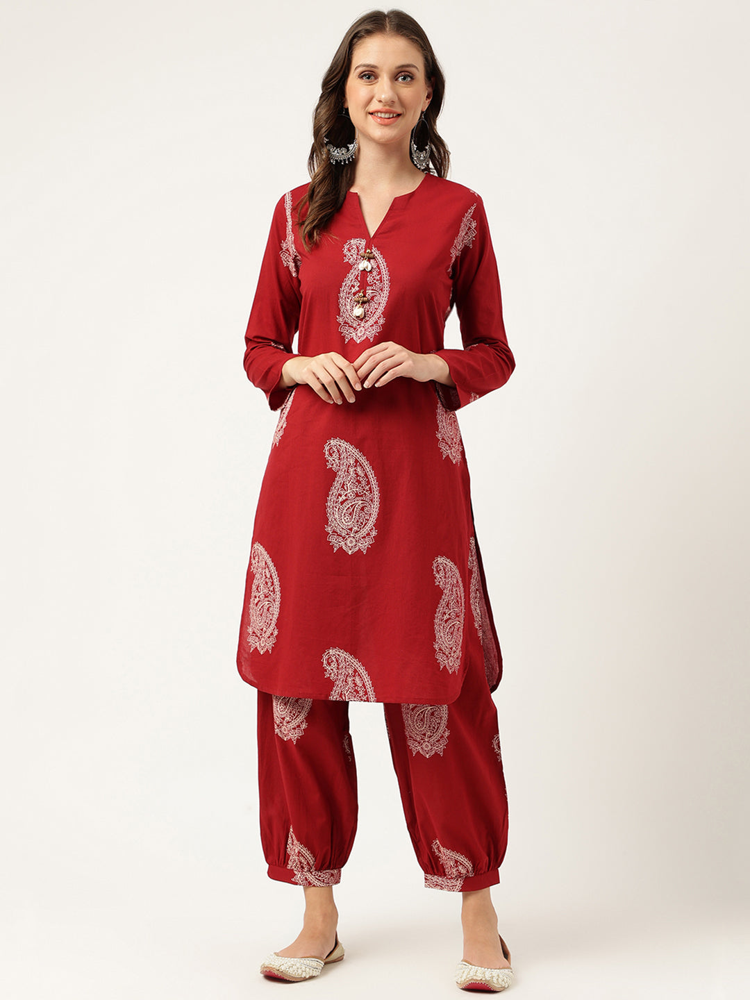 Women's Maroon Paisley Print Cotton Co-ord Set - Taantav