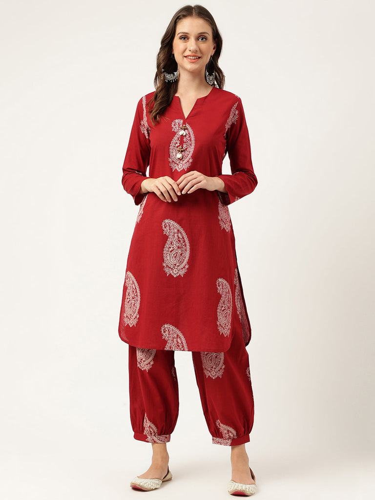 Women's Maroon Paisley Print Cotton Co-ord Set