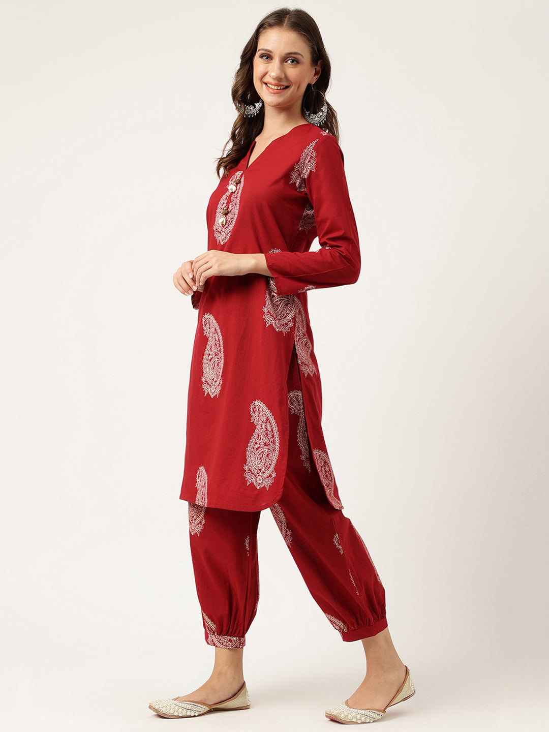 Women's Maroon Paisley Print Cotton Co-ord Set - Taantav