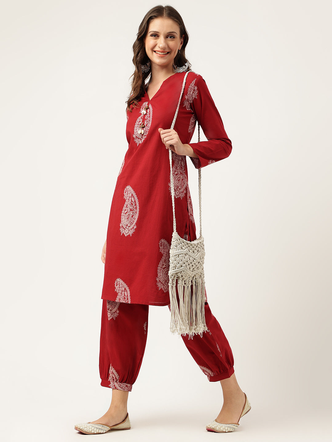 Women's Maroon Paisley Print Cotton Co-ord Set - Taantav