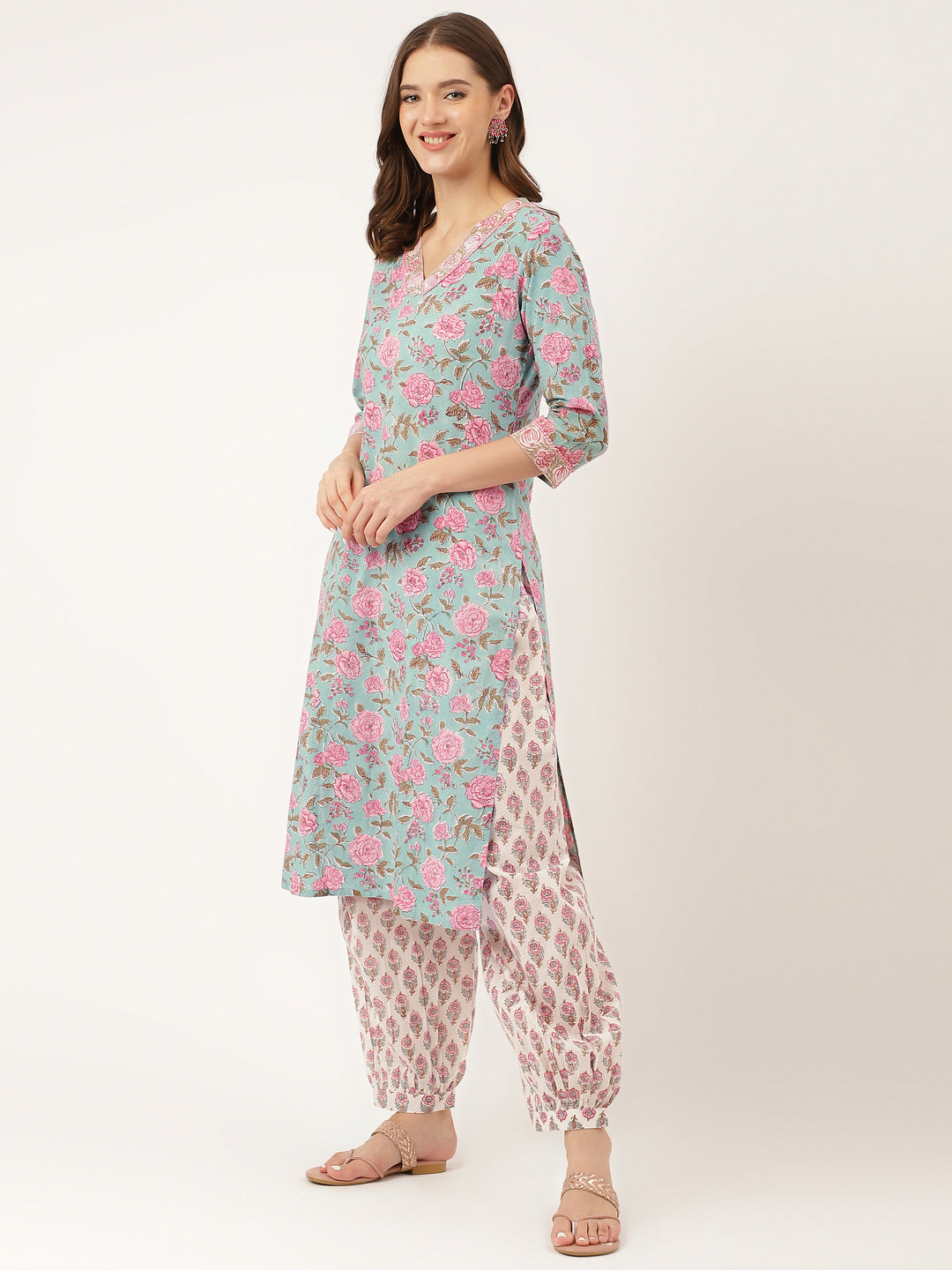 Women's Sea Green Hand Block Floral Print Cotton Kurta, Salwar With Dupatta - Taantav