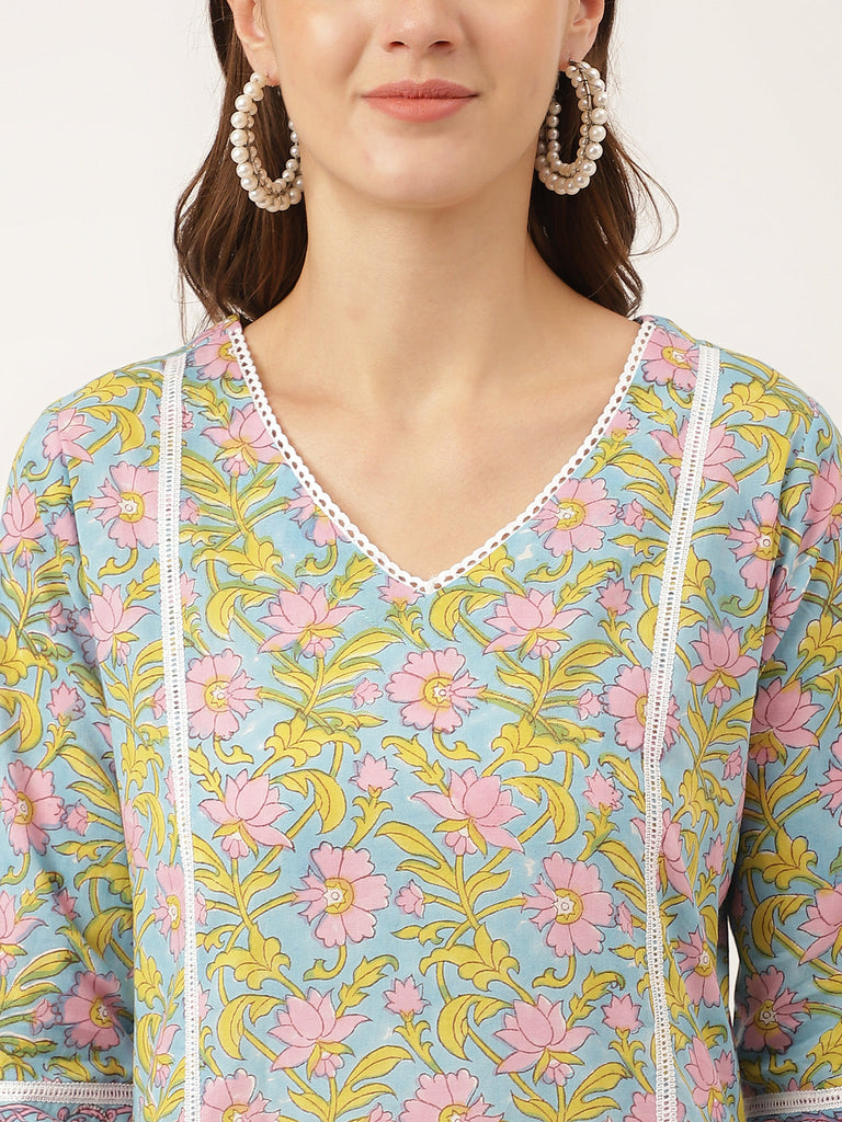 Women's Blue Floral Print Cotton Kurta, Trouser With Dupatta