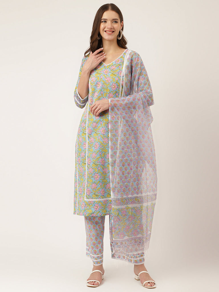 Women's Blue Floral Print Cotton Kurta, Trouser With Dupatta