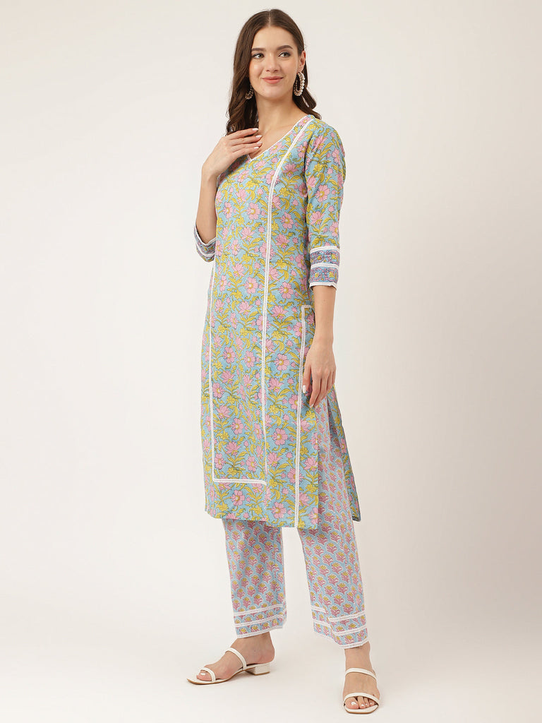 Women's Blue Floral Print Cotton Kurta, Trouser With Dupatta