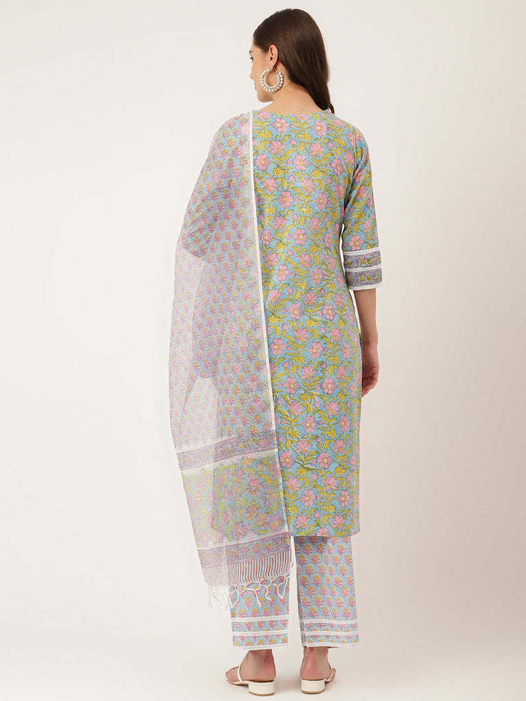 Women's Blue Floral Print Cotton Kurta, Trouser With Dupatta