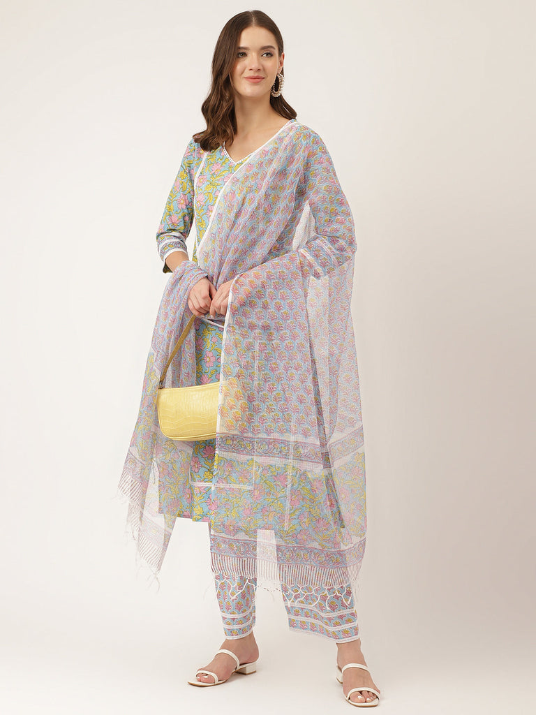 Women's Blue Floral Print Cotton Kurta, Trouser With Dupatta