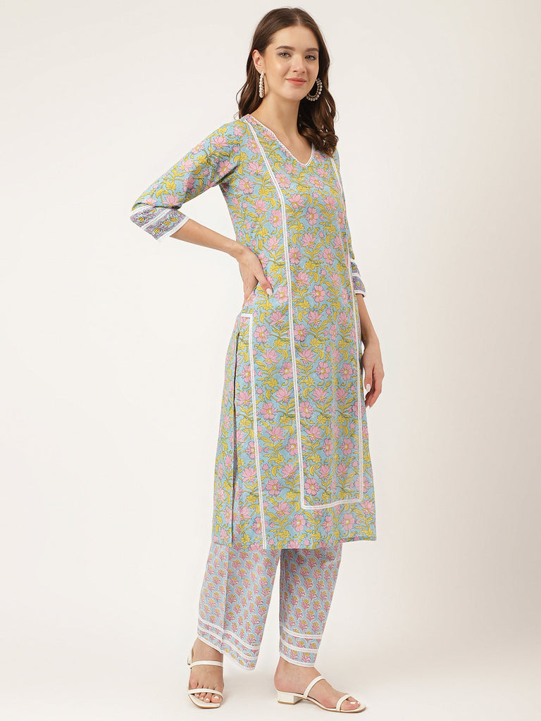 Women's Blue Floral Print Cotton Kurta, Trouser With Dupatta