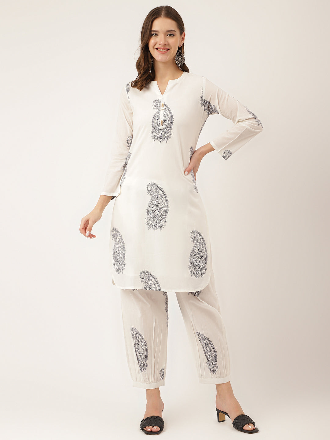 Women's White Paisley Print Cotton Co-ord Set - Taantav