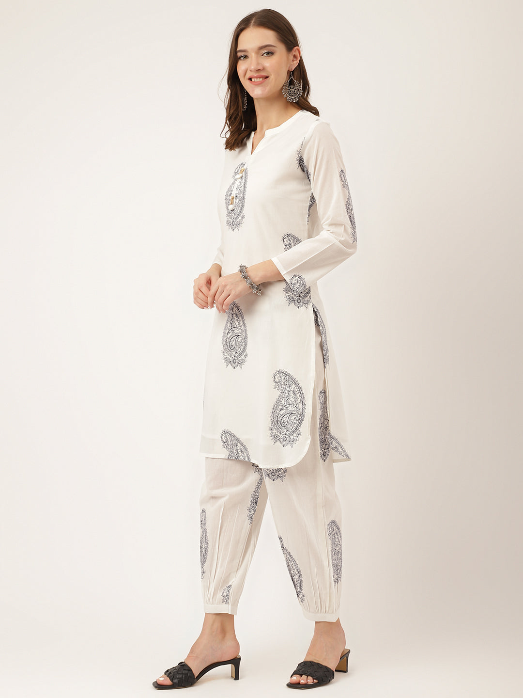 Women's White Paisley Print Cotton Co-ord Set - Taantav