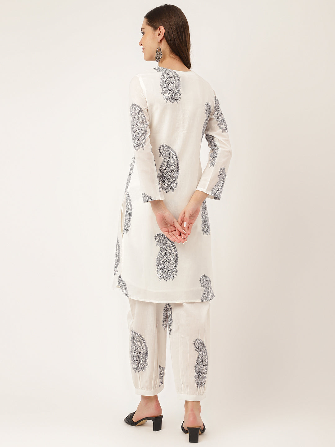 Women's White Paisley Print Cotton Co-ord Set - Taantav