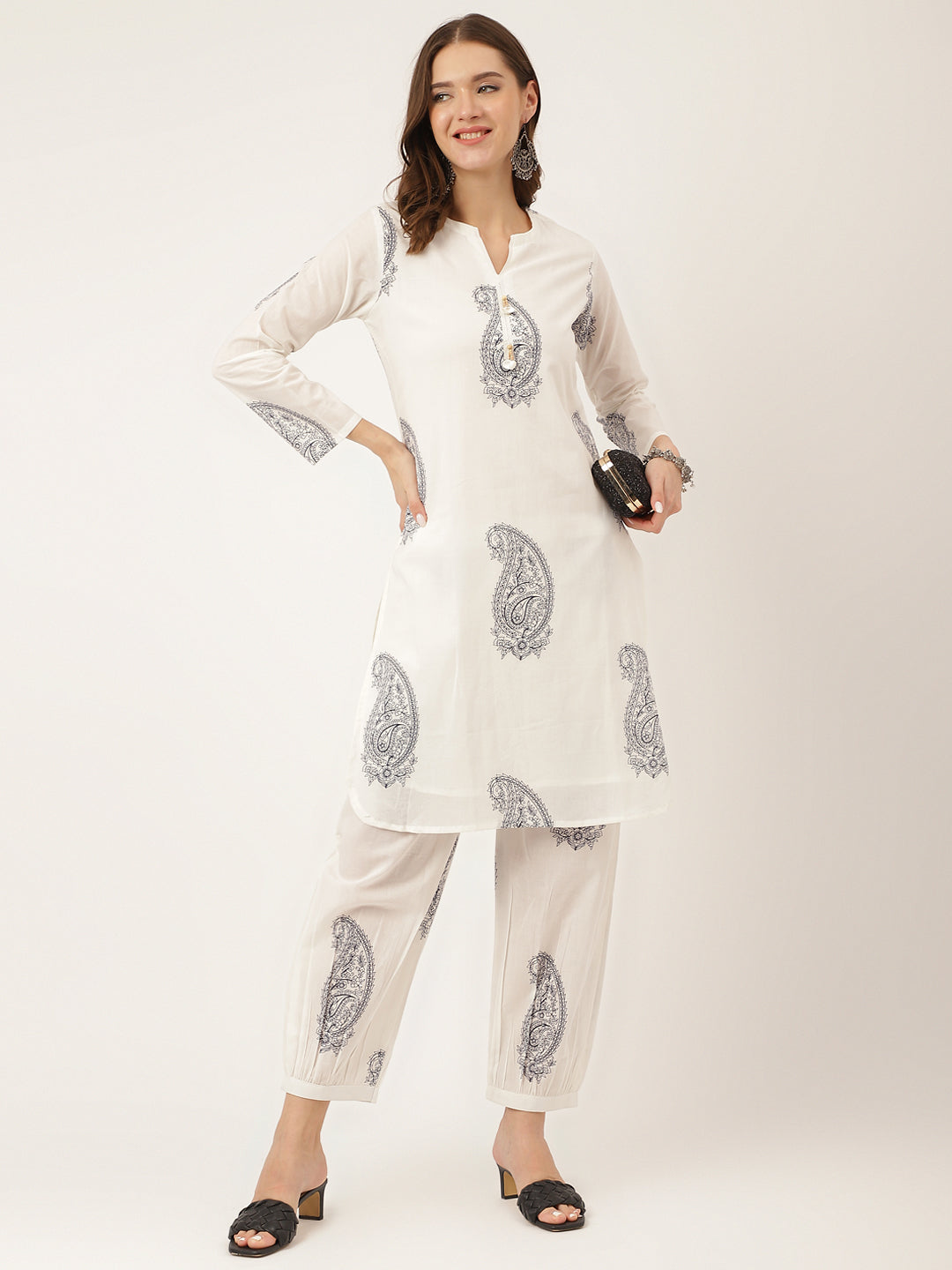 Women's White Paisley Print Cotton Co-ord Set - Taantav