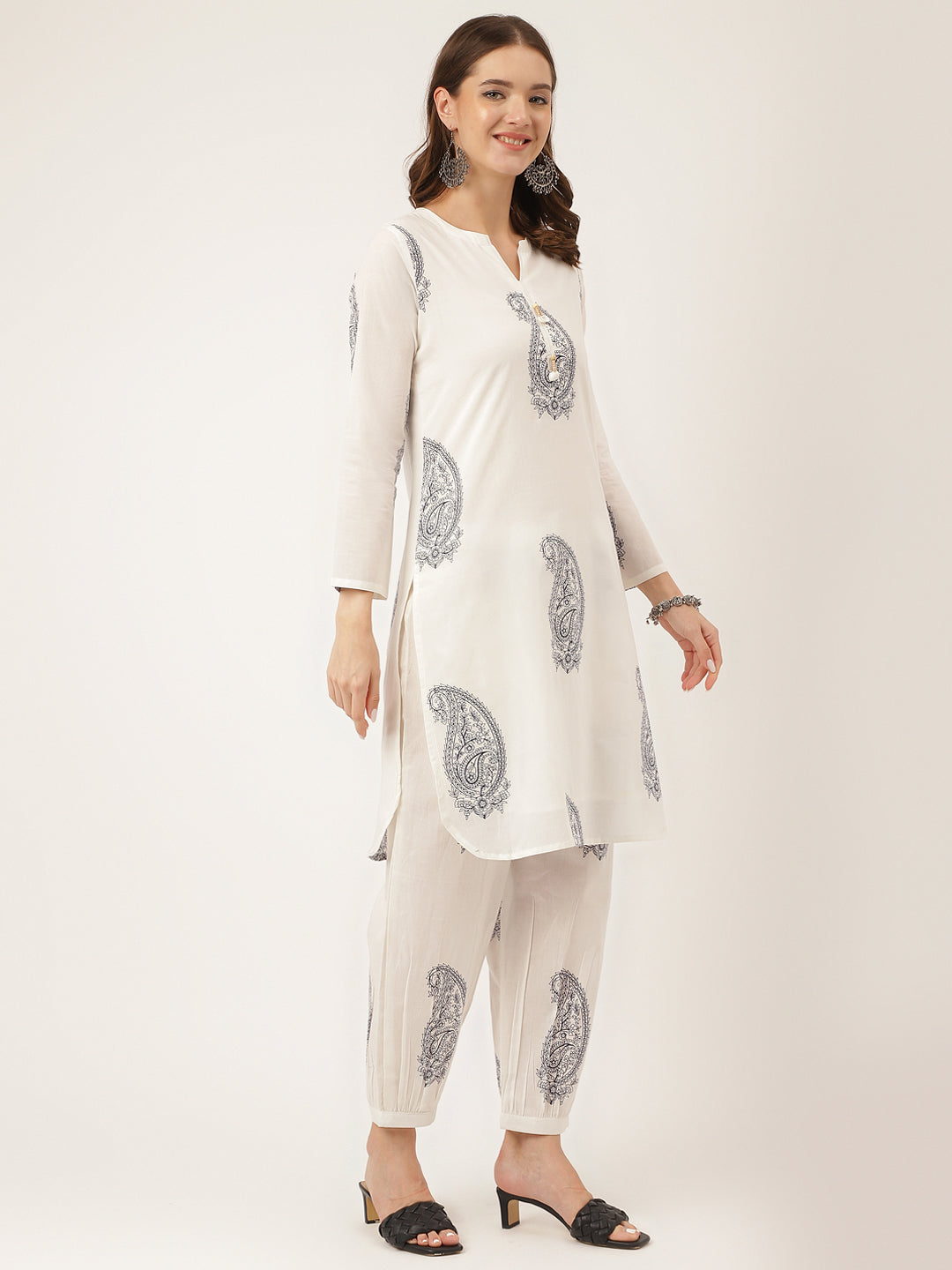 Women's White Paisley Print Cotton Co-ord Set - Taantav