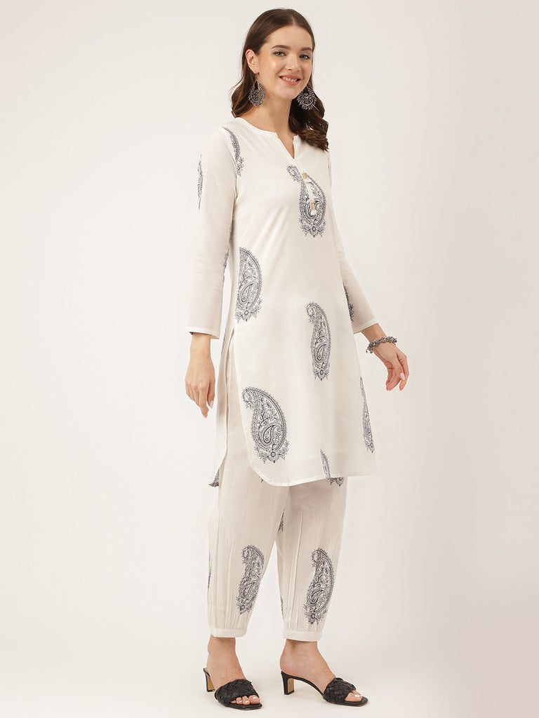 Women's White Paisley Print Cotton Co-ord Set