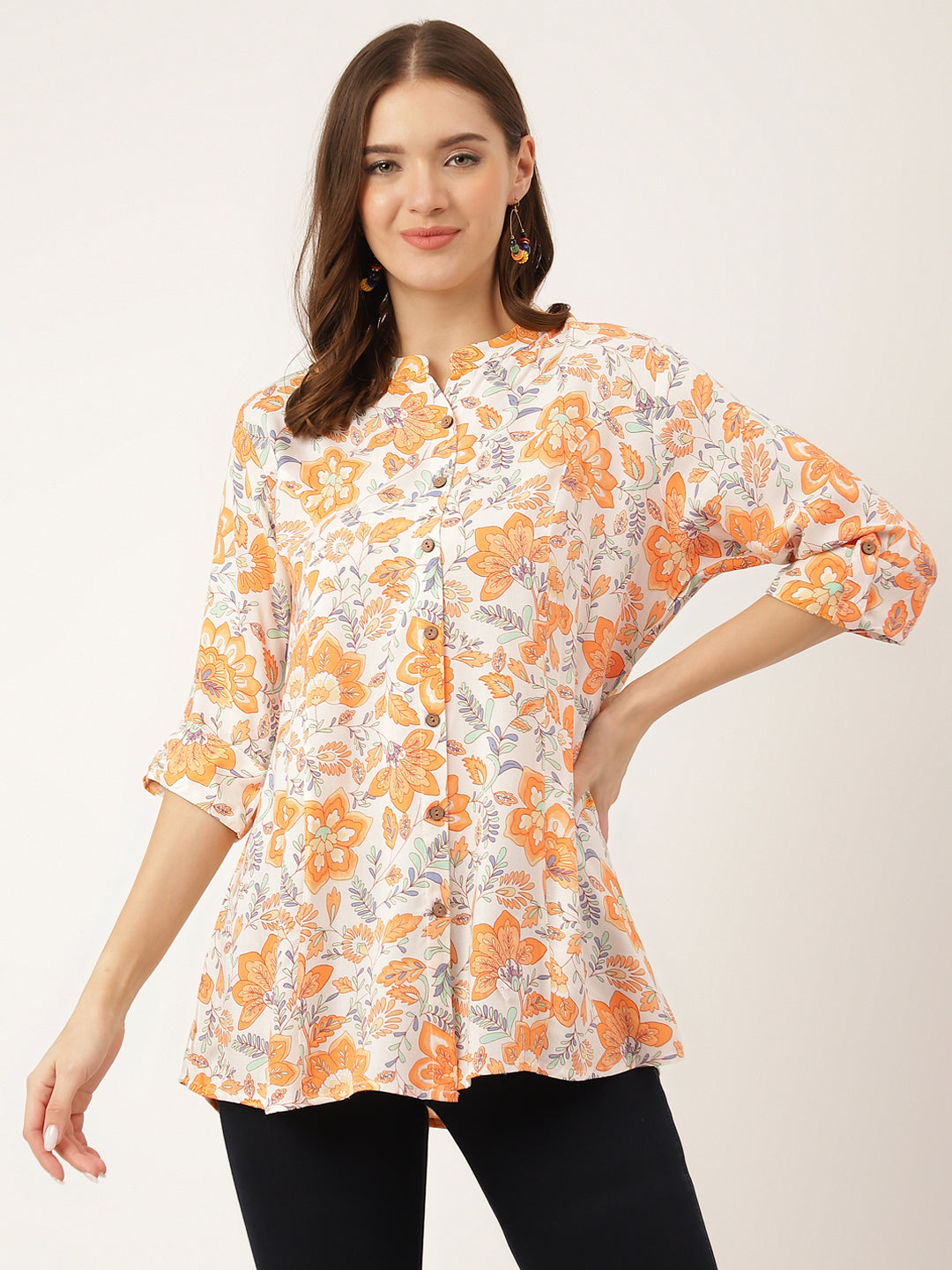 Women's Orange Floral Print Rayon Regular Top - Taantav