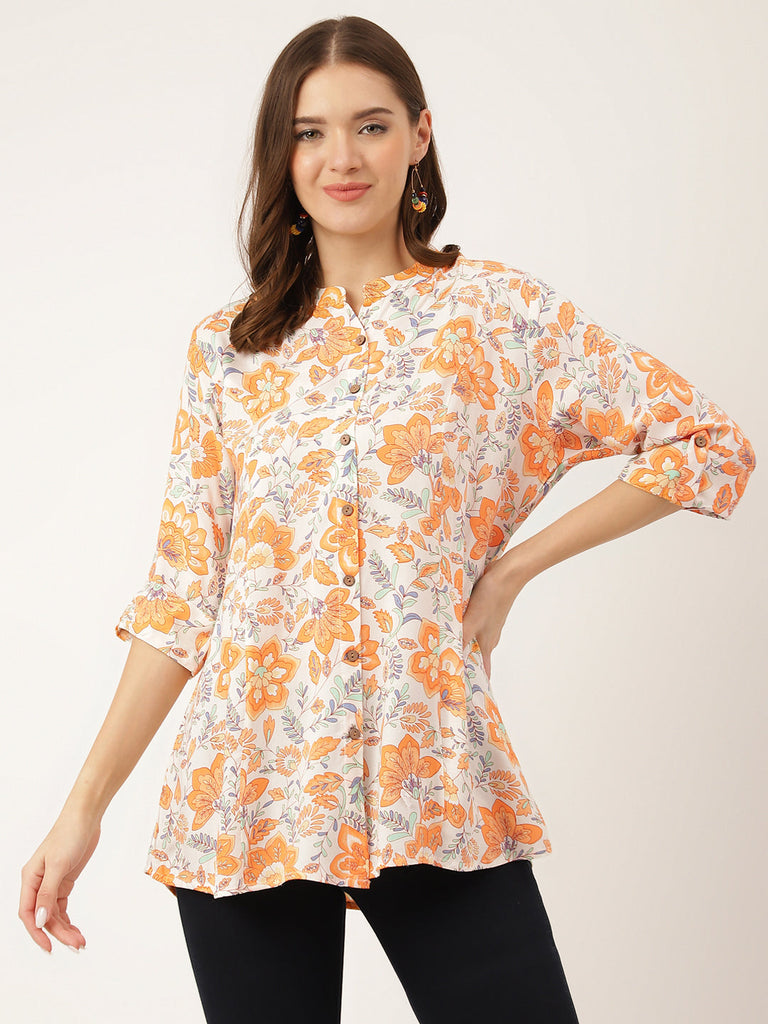 Women's Orange Floral Print Rayon Regular Top