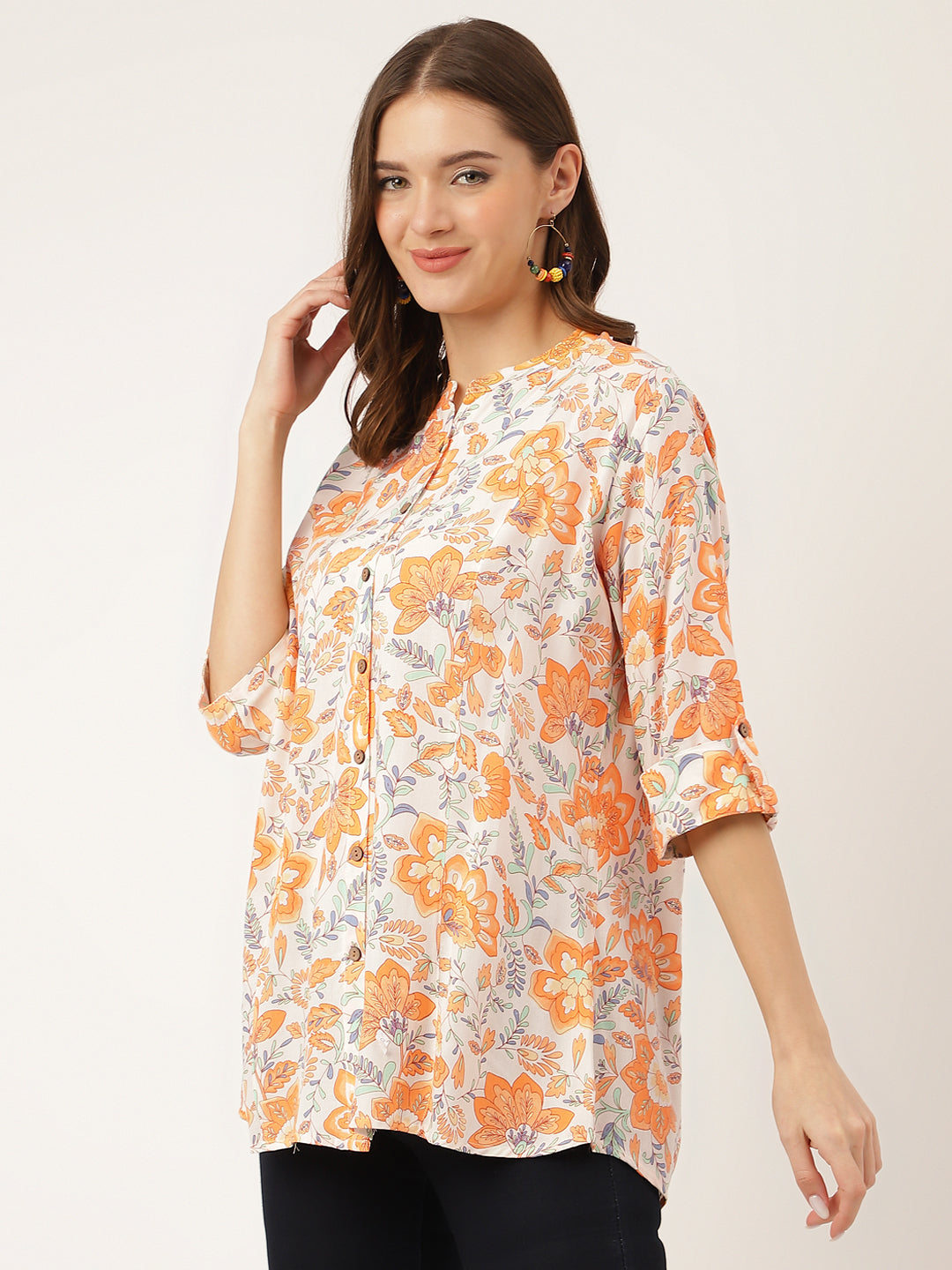 Women's Orange Floral Print Rayon Regular Top - Taantav