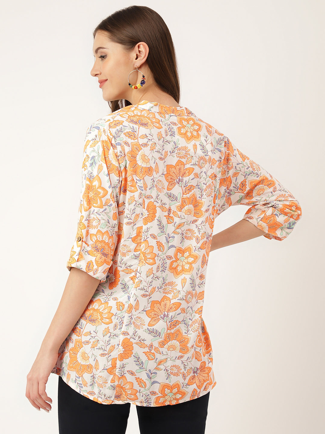 Women's Orange Floral Print Rayon Regular Top - Taantav