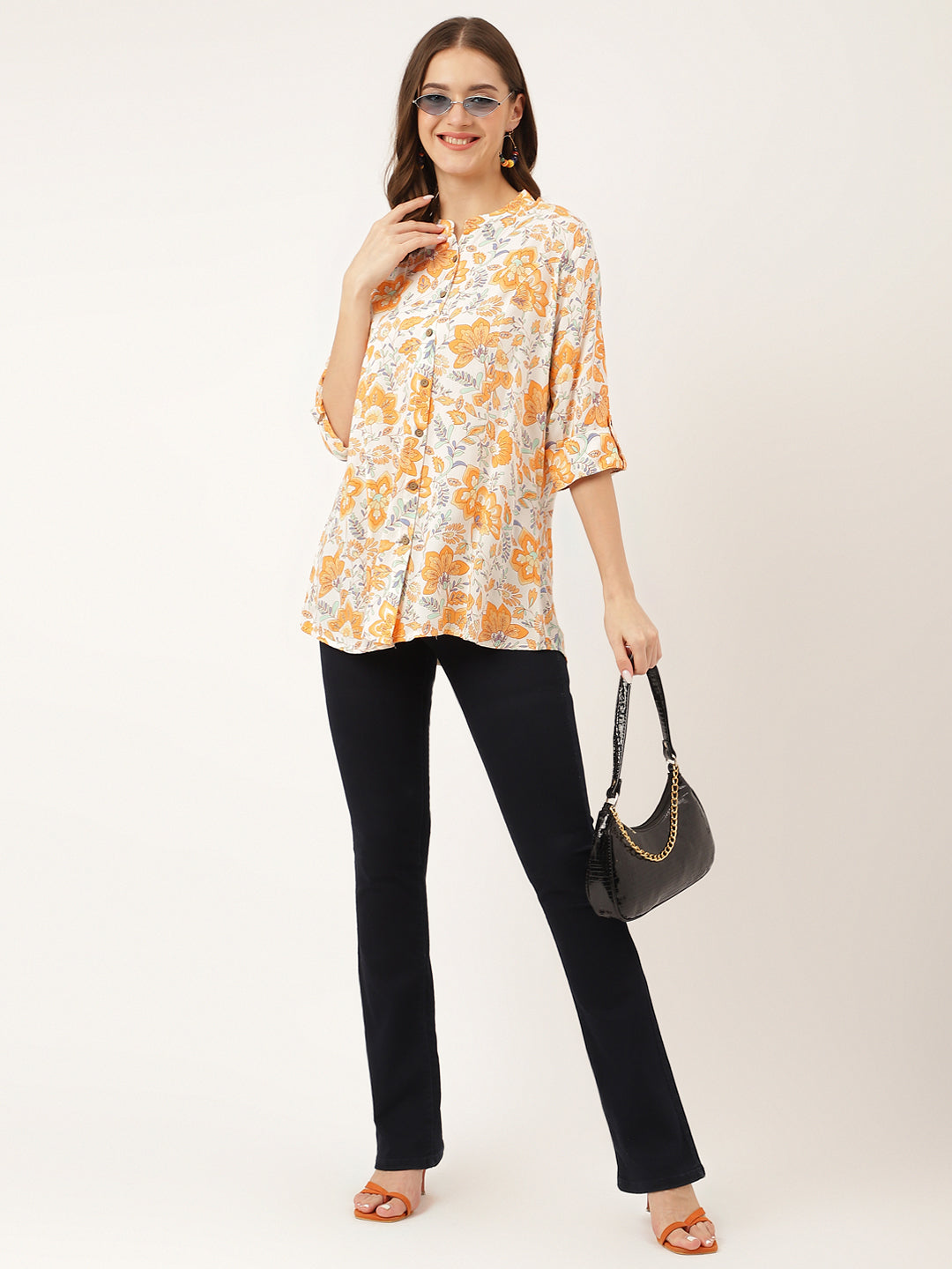 Women's Orange Floral Print Rayon Regular Top - Taantav