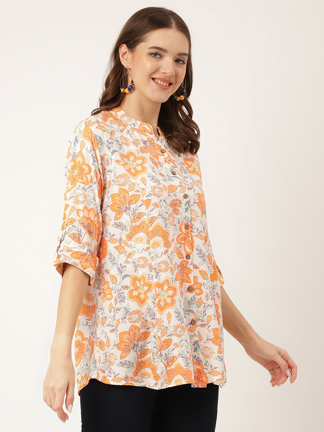 Women's Orange Floral Print Rayon Regular Top - Taantav