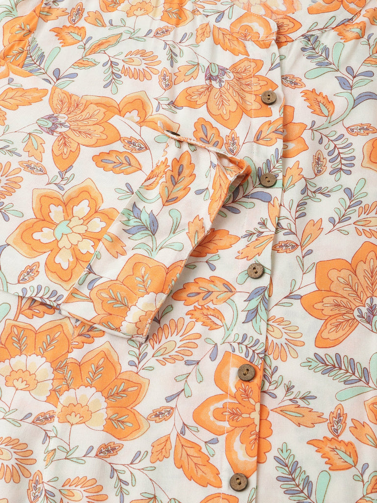 Women's Orange Floral Print Rayon Regular Top