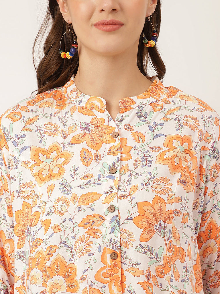 Women's Orange Floral Print Rayon Regular Top