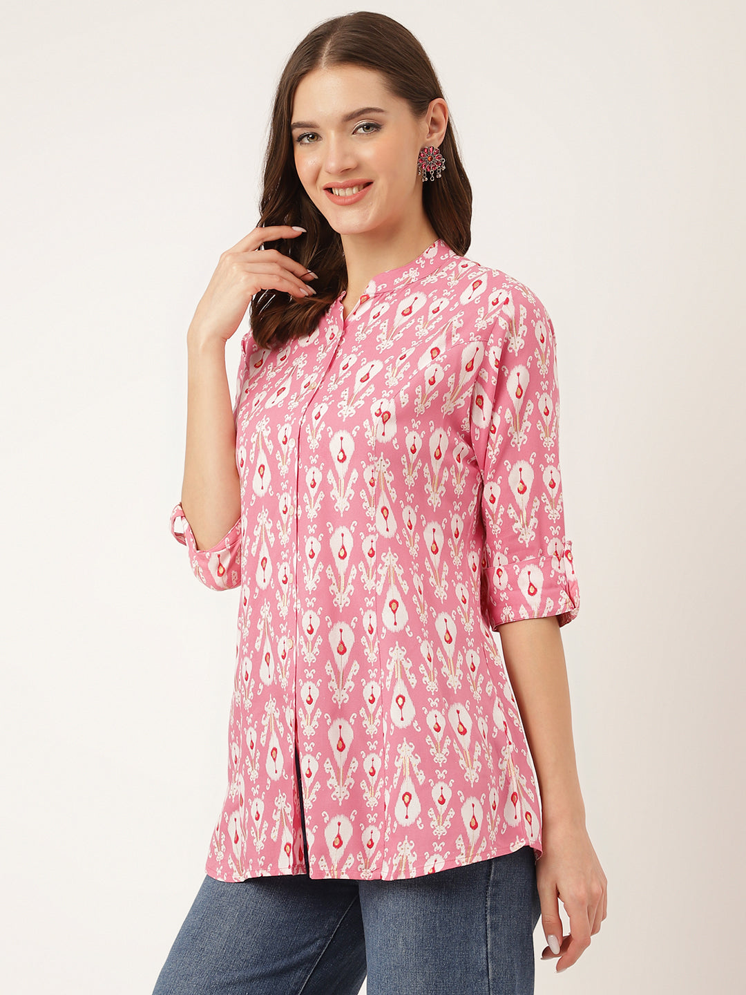 Women's Pink Floral Print Rayon Regular Top - Taantav