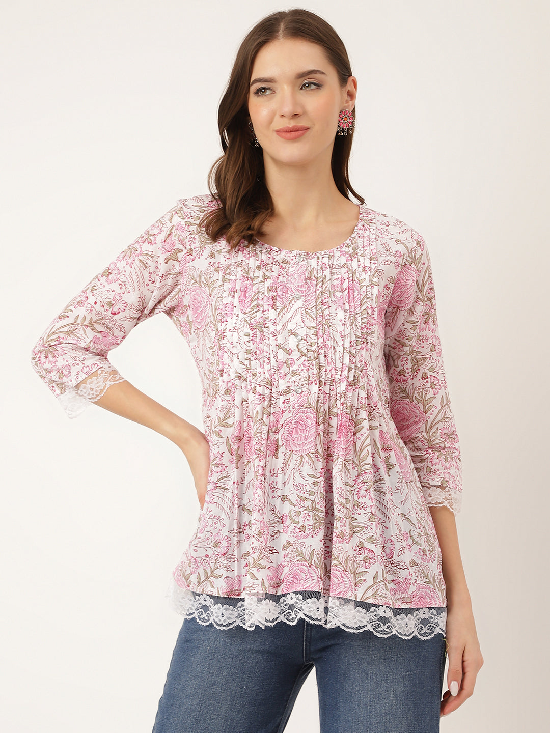 Women's Pink Floral Print Cotton Peplum Top with Pintuck Detailing - Taantav