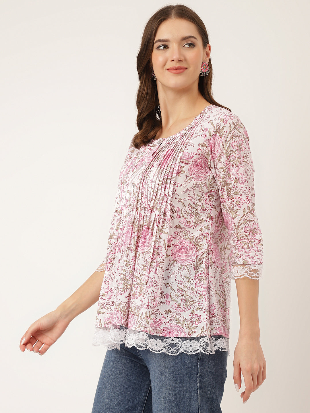 Women's Pink Floral Print Cotton Peplum Top with Pintuck Detailing - Taantav